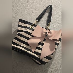 Betsey johnson Striped Tote Bag with Pink Bow